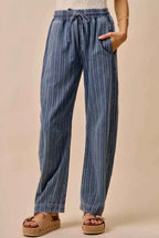 SO ME Stripe Denim Barrel Jeans Drawstring Waistband