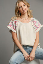 Umgee Blouse Linen Cotton Round Neck High Low Hem Frayed Top OATMEAL cf9a00fa-9fe2-4ae4-9186-dba94aae5d8c-Max Trendsi