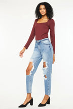 Kancan Boyfriend Jeans Women's High Rise Distressed Cotton Denim Pants cfae490d6f5e4fce8b26275297a63497-Max-Origin Trendsi