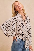 BiBi Womens Crop Shirt Polka Dot Print Tie Hem Detail Long Sleeve Top cfd0e68cfef04548a700f43056374f25-Max-Origin Trendsi
