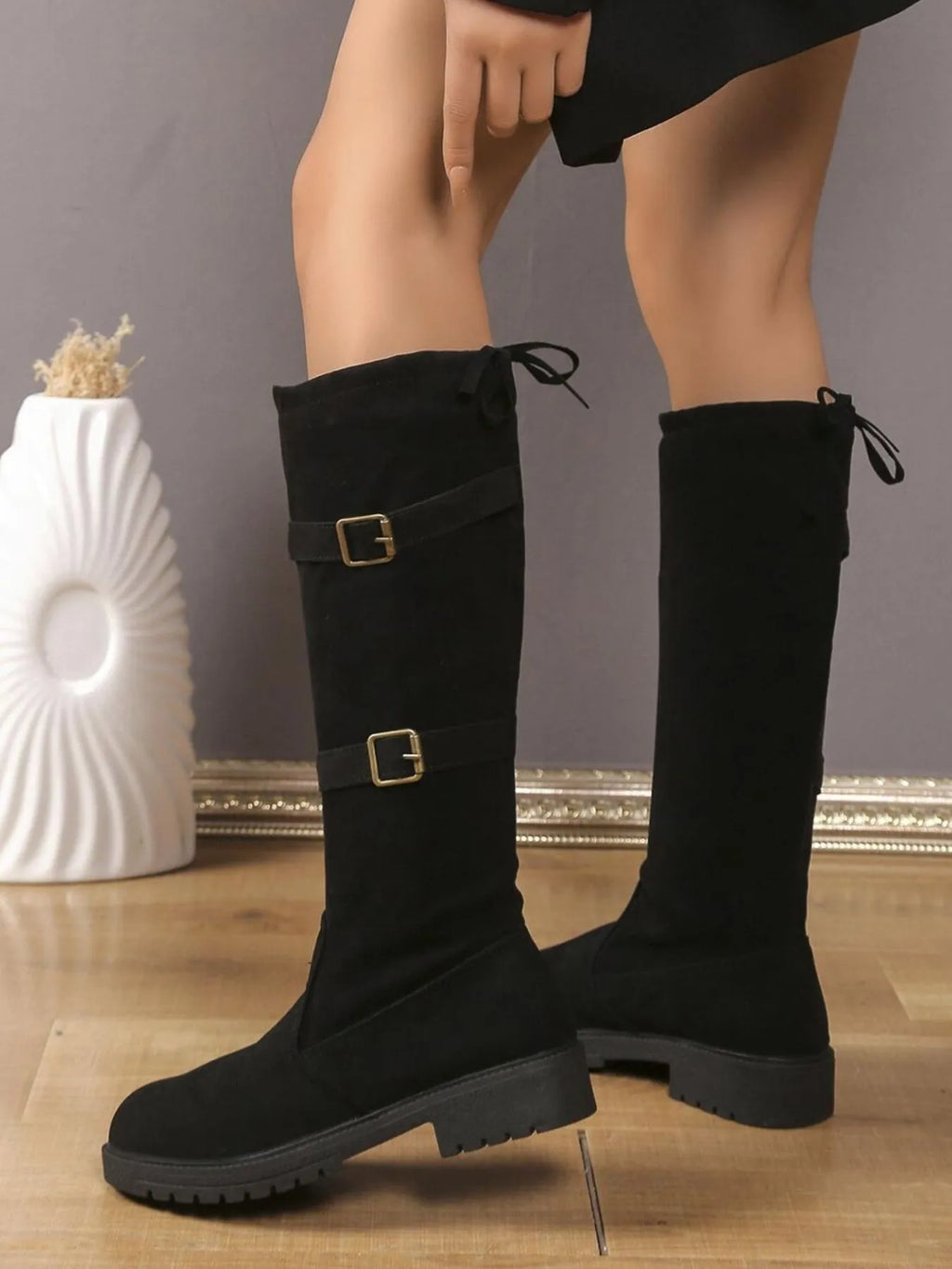 Women's Suede Boots Knee-High Combat with Double Buckle Straps Low Heel cfd0ee3e-fc29-4860-a583-496c62d7794e-Max-Origin Trendsi
