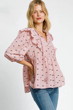 Umgee Blouse Ruffled Bow Print Tie Neck Peplum Half Sleeve Top cfd1799d-8830-4b59-91c4-7f5728d0a85c-Max-Origin Trendsi
