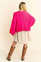Davi & Dani Cardigan Floral Applique Open Front Hot Pink Oversized Soft Sweater cfd278db-e729-4199-ad52-5bac632230de-Max Trendsi