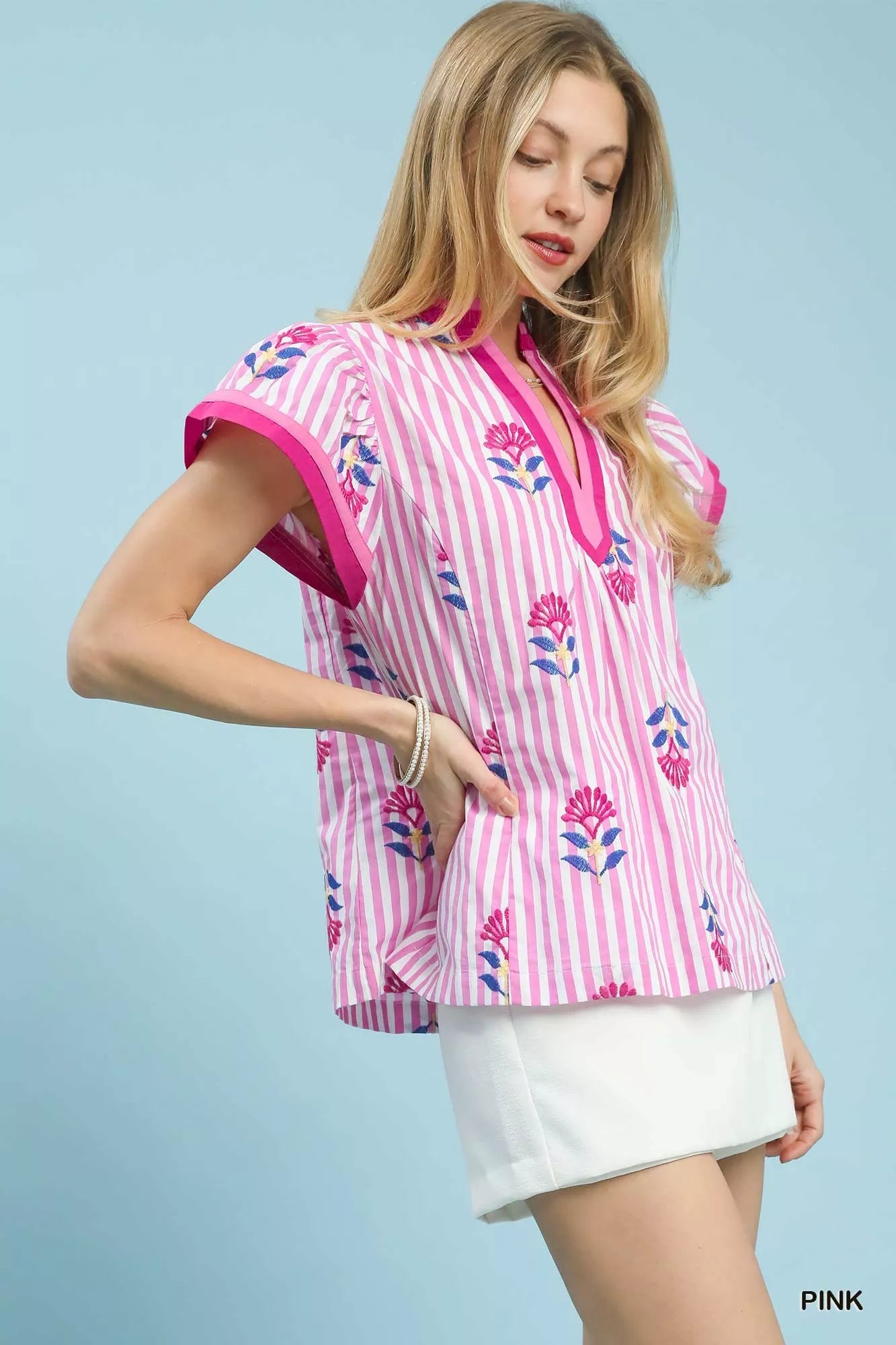 Umgee Blouse Cotton Pink Embroidered Striped Flutter Short Sleeve Top cfd4693e-aa7f-4a97-bbdc-42f156ab9fa3-Max-Origin Trendsi