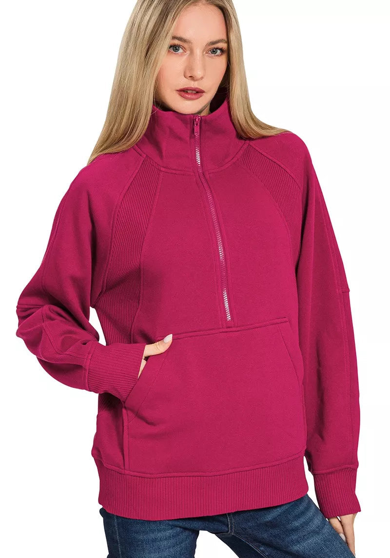 Zenana Half Zip Fleece Sweatshirt with Kangaroo Pocket CABERNET cfdcd59ca44b40edb2a31dda7b2bb1d9-Max-Origin Trendsi