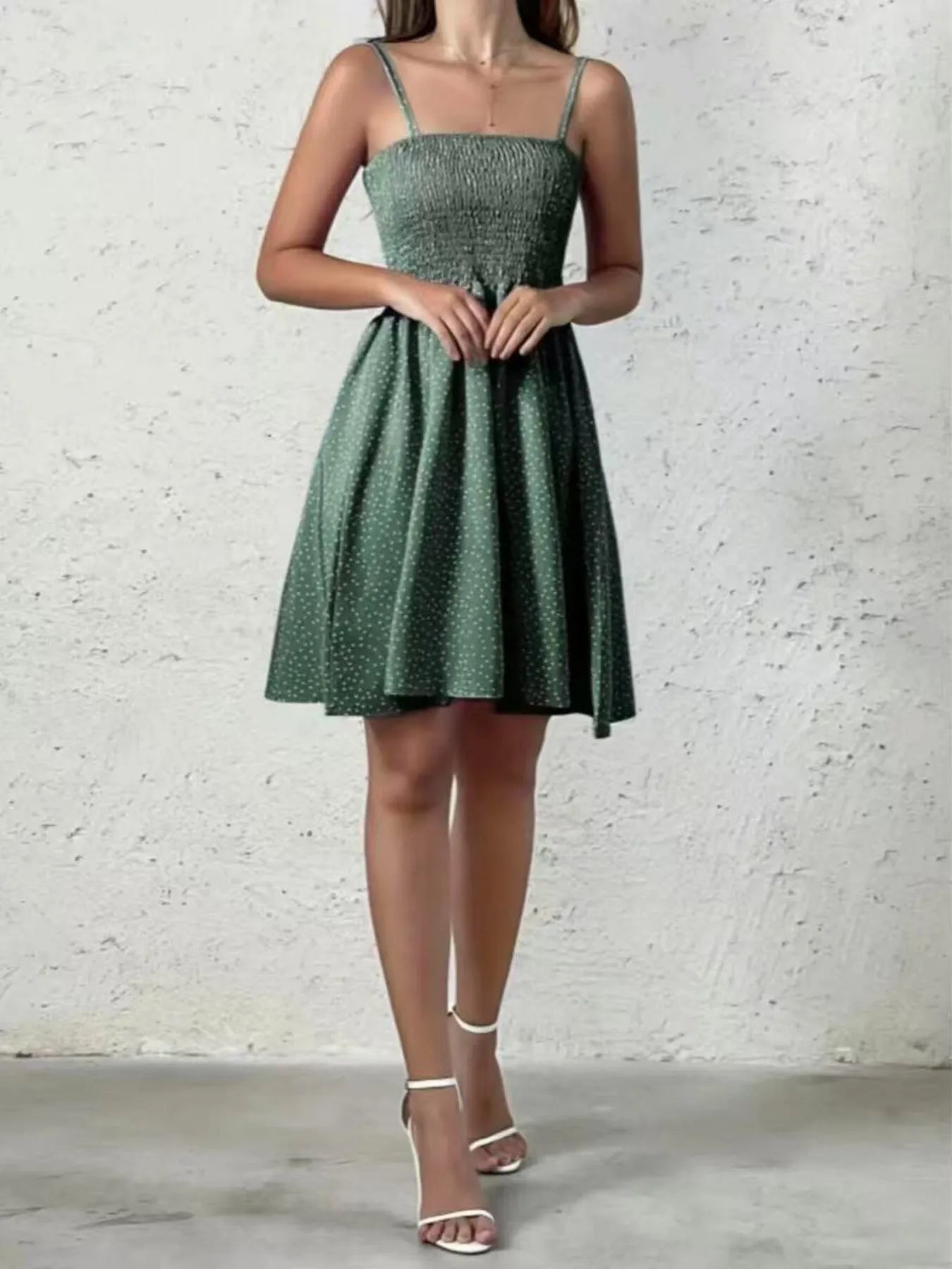 Mini Cami Dress Swiss Dot Smocked Square Neck with Thin Straps cfe6cca9559d4a6fbfcb6c9598aea735-Max-Origin Trendsi