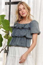 ADORA Ruffle Blouse Denim Washed Layered Short Puff Sleeve Top cff040c5ebd3478fb54fcf1b1f74abd5-Max-Origin Trendsi