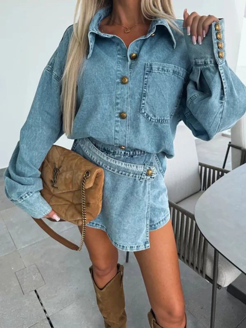 Women's Outfit Set Denim Oversized Shirt Long Sleeve and Mini Skort 2 Pcs Medium cff15698038f4866b5ff909050902808-Max-Origin Trendsi