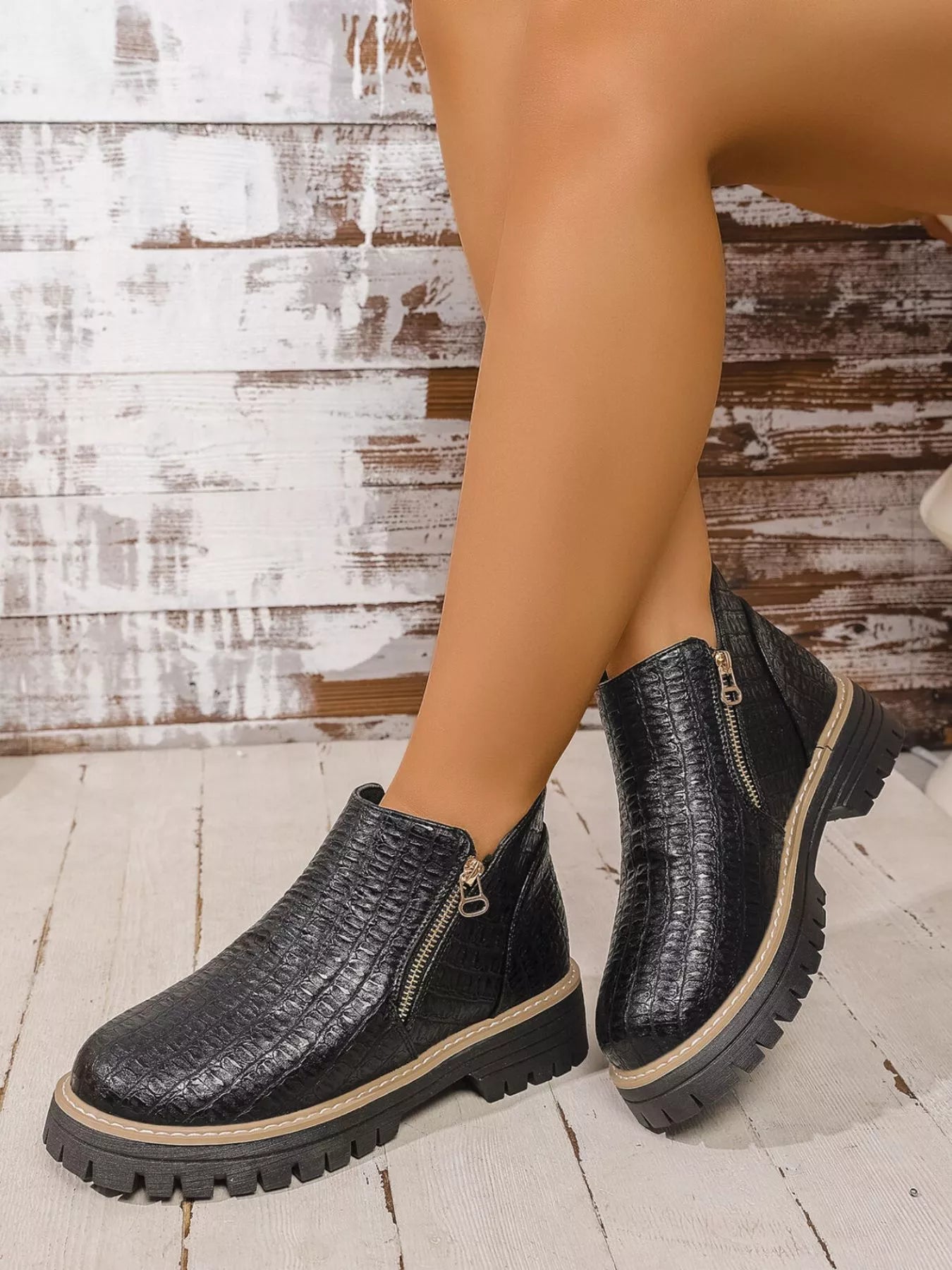 Women's Ankle Boots Pu Leather Textured Side Zip Round Toe Low Heels Shoes cff5a67e-6d2f-4e20-8b48-95a4d56e41f8-Max-Origin Trendsi