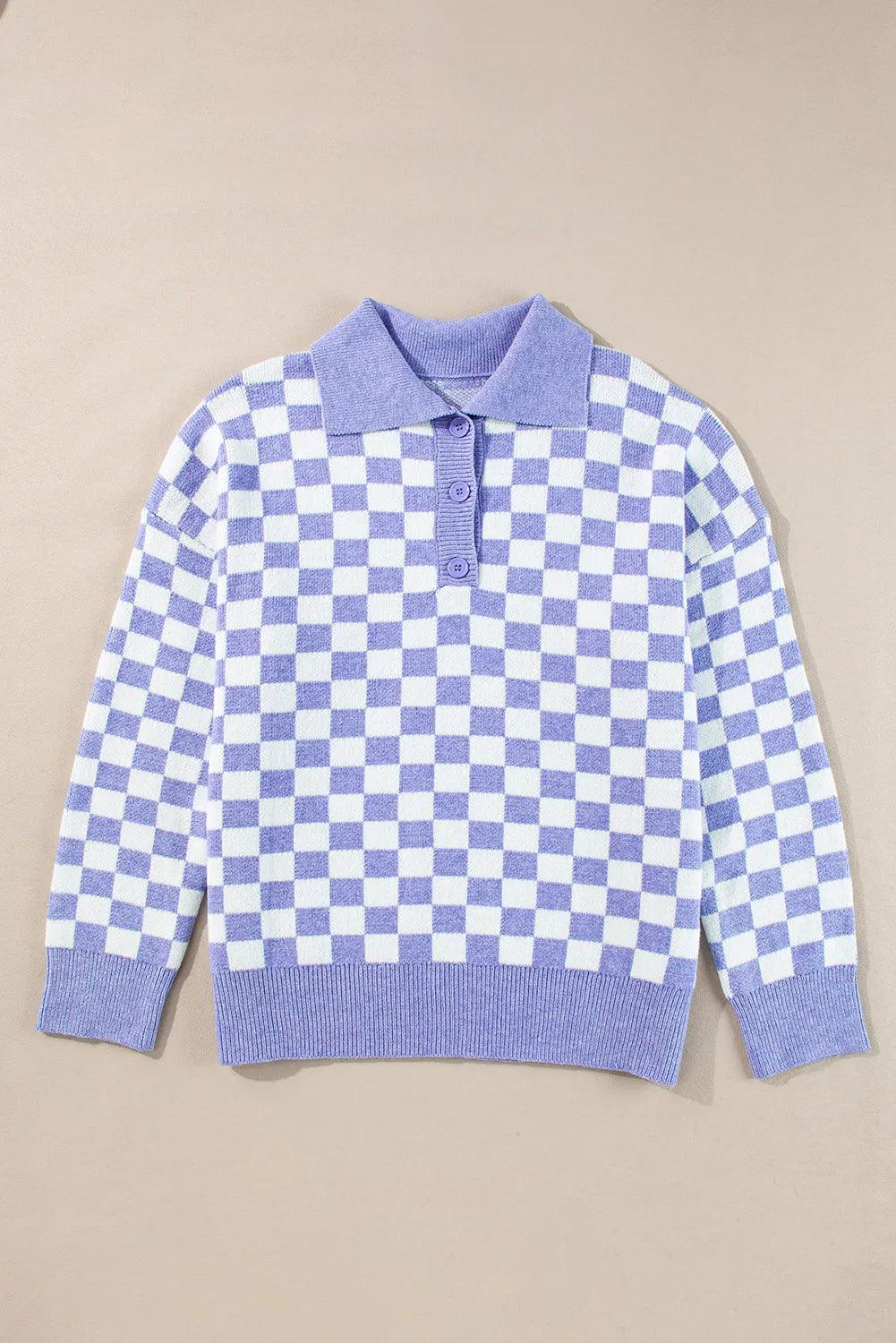Plus Size Checkered Sweater Collared Neck Long Sleeve Knitwear cff7171c-4d5d-44cc-99c1-81e4938918e8-Max Trendsi