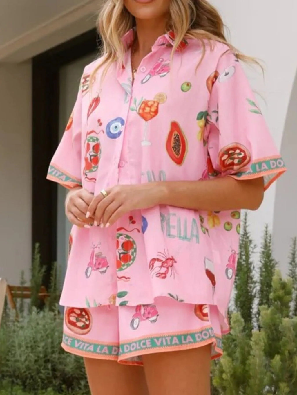 Women's Outfit Set Pink Summer Printed Button Up Shirt and Shorts 2 Pcs cffedbef-4750-49d1-b590-007898e09ca0-Max-Origin Trendsi