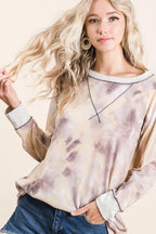 BiBi Womens Pullover Tie Dye Taupe Multi Terry With Contrast Stitching Top d00e1e7fec14431ab668644f5edaedab-Max-Origin Trendsi