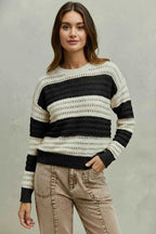 SO ME Textured Sweater Wide Stripe Cream Black Openwork Round Neck Top d017ed8e-9950-4392-b0de-a615eb3ae759-Max-Origin Trendsi