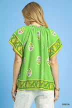 Umgee Blouse Green Boho Bloom Border Tied Top Short Sleeve d018cb9a-4f7e-45a3-80b1-58eecb8604d3-Max-Origin Trendsi