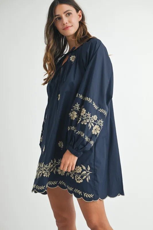 MABLE Mini Dress Navy Floral Embroidered Long Sleeve Peasant Tied d02bfb7e0cfc456dada9266399c91ef1-Max-Origin Trendsi