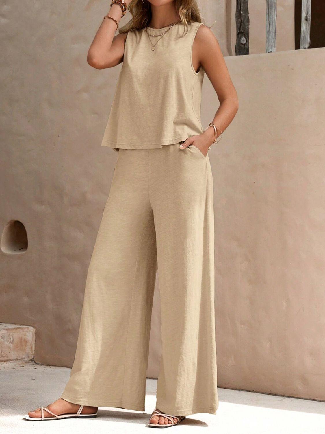 Outfit Set Round Neck Sleeveless Top and Wide Leg Pants Set Beige d02c7d8c-7676-441e-85ff-c43866611679-Max Trendsi