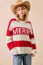 BiBi Christmas Women's Sweater Ivory Red Stripe Merry Lettering Oversized d02e0c029c9f4187bc63bd2699095b21-Max-Origin Trendsi