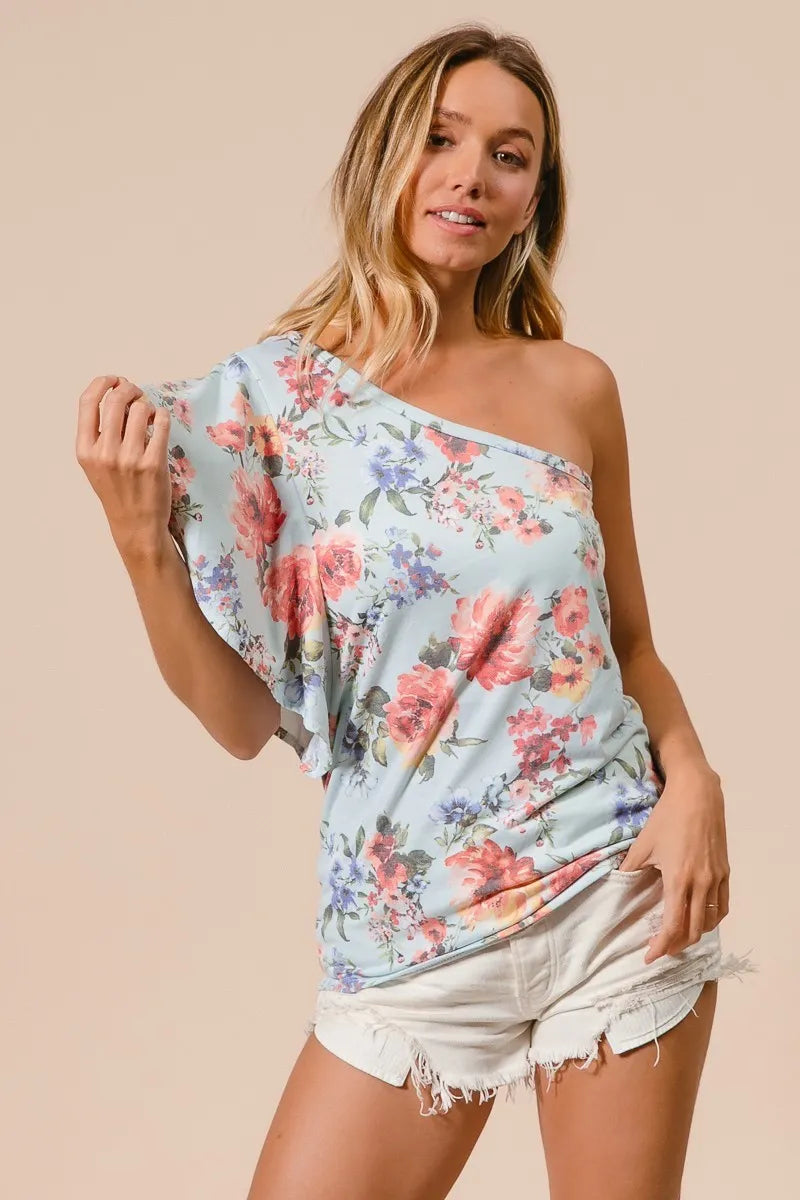 BiBi Floral Top Printed Jersey Knit Ruffle Sleeve One Shoulder d032679273a44c9093cbed24e7de48e8-Max-Origin Trendsi