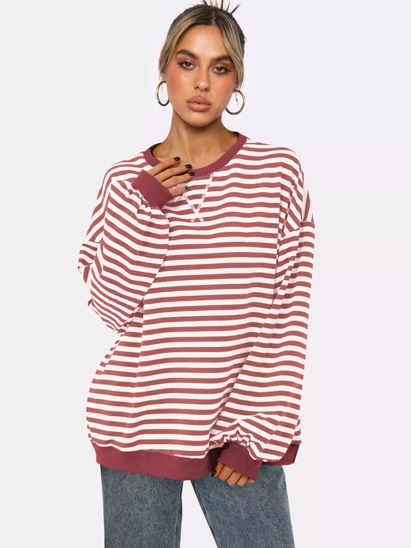 Women's Sweatshirt Striped Round Neck Long Sleeve Oversized Ribbed d03620b1eafe46b3a2a41b8efe63618f-Max-Origin Trendsi