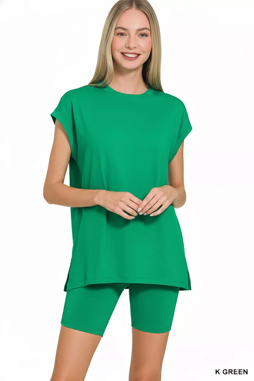Zenana Tracksuit Set Green Brushed Dty Microfiber Top & Biker Shorts d03cad28-1e8b-4aa1-8b0c-46865e5fb63e-Max-Origin Trendsi