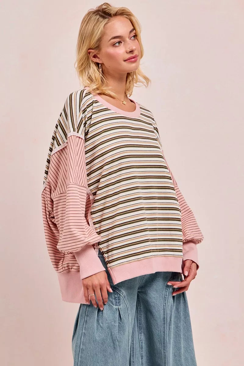 BiBi Womens Sweatshirt Stripe Mixed Top With Cut Edge And Reverse Outseam d03e4f6e02d4489da28f0e0cd3fb0a52-Max-Origin Trendsi