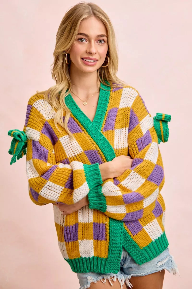 BiBi Women Cardigan Mardigras Checker Board Front Open Bow Sleeves d04a3b3bbaff4e068b9650bac82a65e3-Max-Origin Trendsi