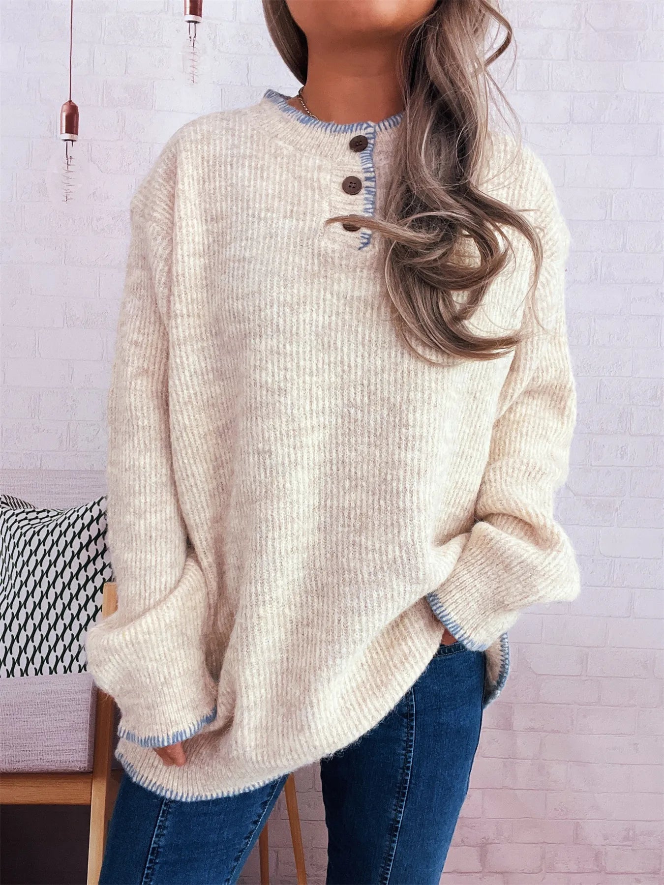 Women's Sweater Ribbed Knit Button Detail Long Sleeve Oversized Pullover d073aa774ec4418dbb204d8680bd2ac8-Max-Origin Trendsi
