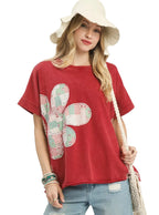 Umgee T-shirt Red Flower Patch Mineral Wash French Terry Top Short Sleeve RED d077ac0e-365f-49a6-b16d-0a35aa1400c7-Max-Origin Trendsi
