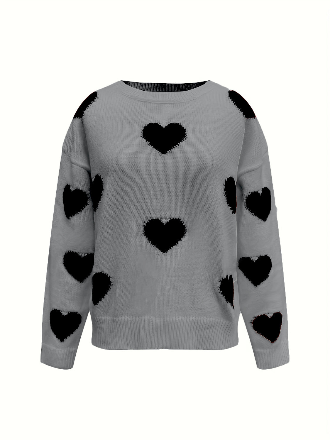 Sweater Heart Valentine’s Day Round Neck Long Sleeve Women White Pullover