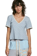 POL Floral V-Neck Short Sleeve Ribbed T-Shirt