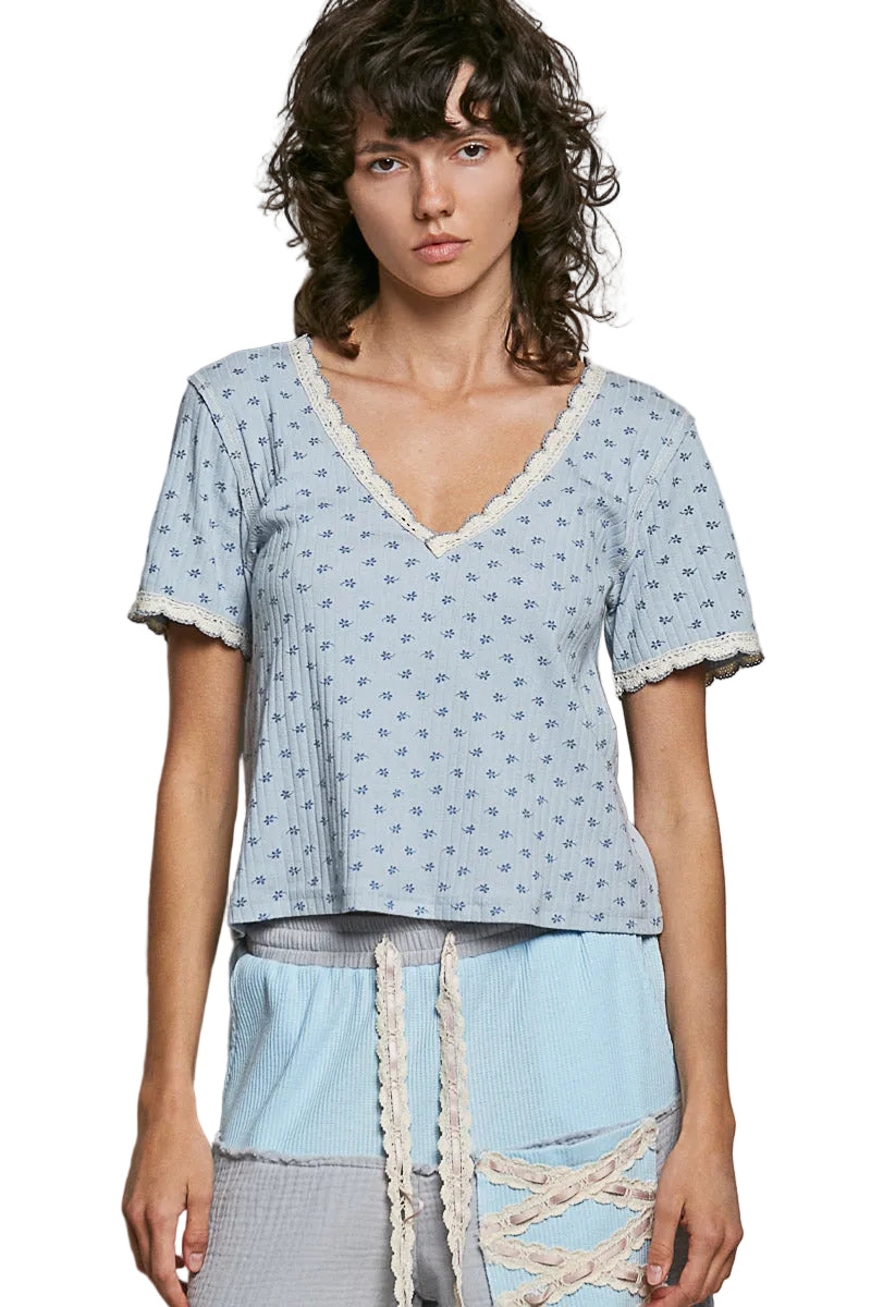 POL Floral V-Neck Short Sleeve Ribbed T-Shirt