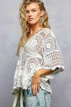 POL V-Neck Crochet Top with Scalloped Hem