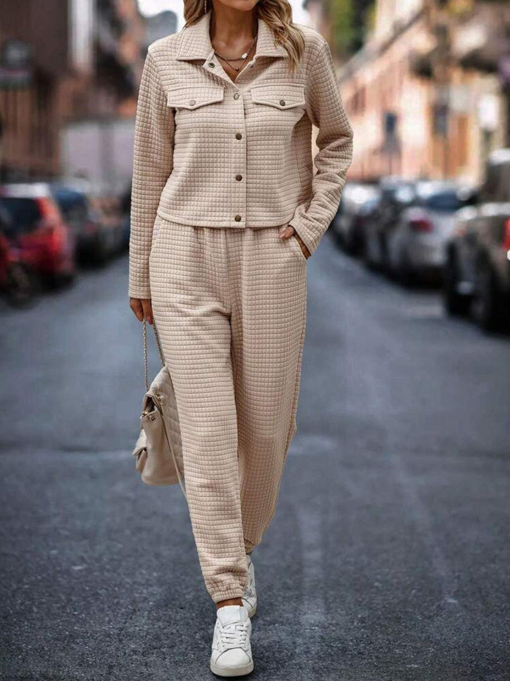 Outfit Set Plaid Texture Snap Down Top and Pants Set d08e3686-c4cc-46b9-9fed-b3706dd34609-Max Trendsi