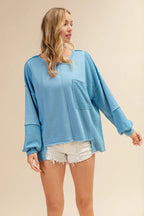 BiBi Women's Sweatshirt Oversized Pocket Front Blue Long Sleeve Top d08f65bd99214f4dbab84210508de23a-Max-Origin Trendsi