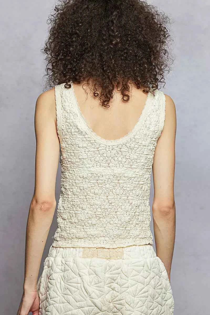 POL Textured Tank Top Cream Floral Knit V-Neck with Lace Trim Blouse d0949f69-8c26-4340-b19a-c321ab46433f-Max-Origin Trendsi