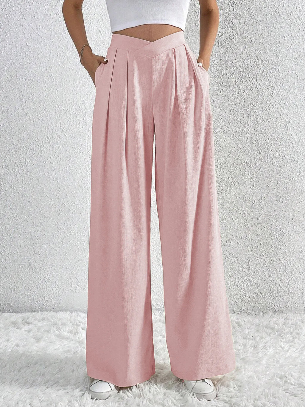 Women's Pants V-Waisted Ruched Front Wide Leg Trousers Pocketed d09baf0c7e7f465b94d95e38b60bd95c-Max-Origin Trendsi