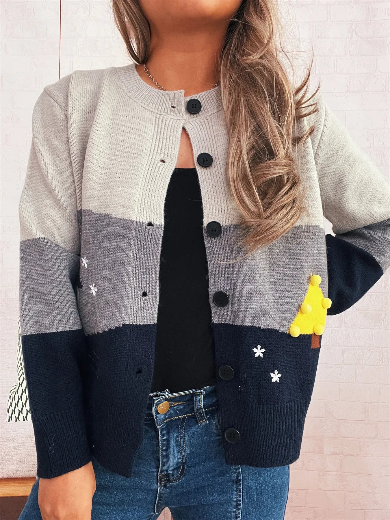 Women's Cardigan Color Block Stripe Button-Up Knit Round Neck Sweater Gray One Size d09cb615bc4745dd87d385c3b4a234b8-Max-Origin Trendsi