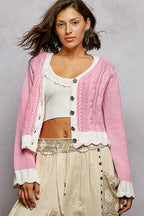 POL Womens Cable-Knit Cardigan Pink with Contrast Border Accents Buttoned d09d876e-bd00-4cc8-90be-b38cda23f02b-Max-Origin Trendsi