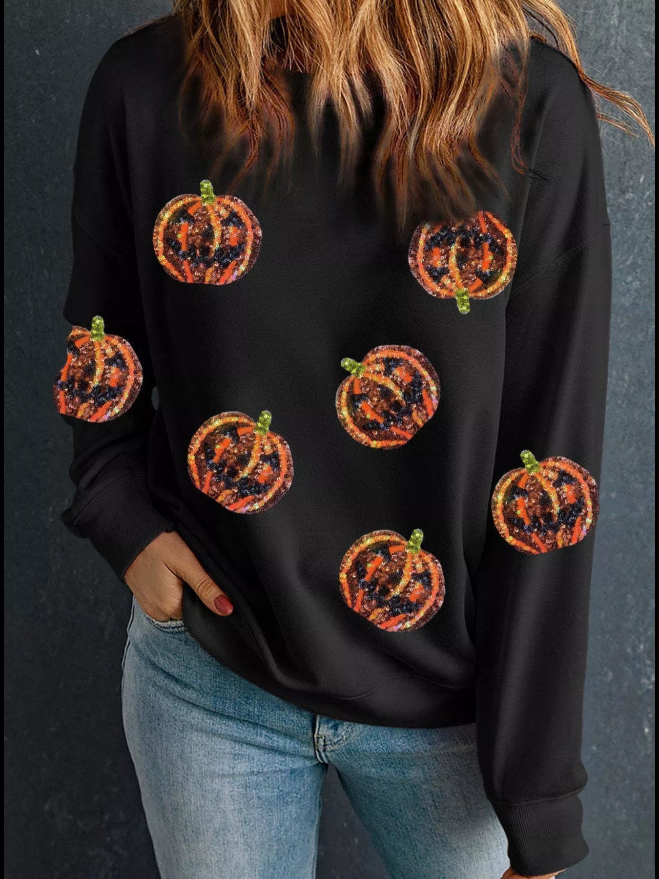 Halloween Women's Sweatshirt Sequin Round Neck Long Sleeve Pullover Black d0a06209-2ebf-4e22-8764-dd426d27ee69-Max-Origin Trendsi