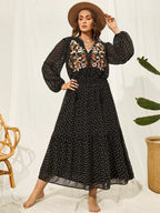 Plus Size Embroidered Balloon Sleeve Dress with Tassels