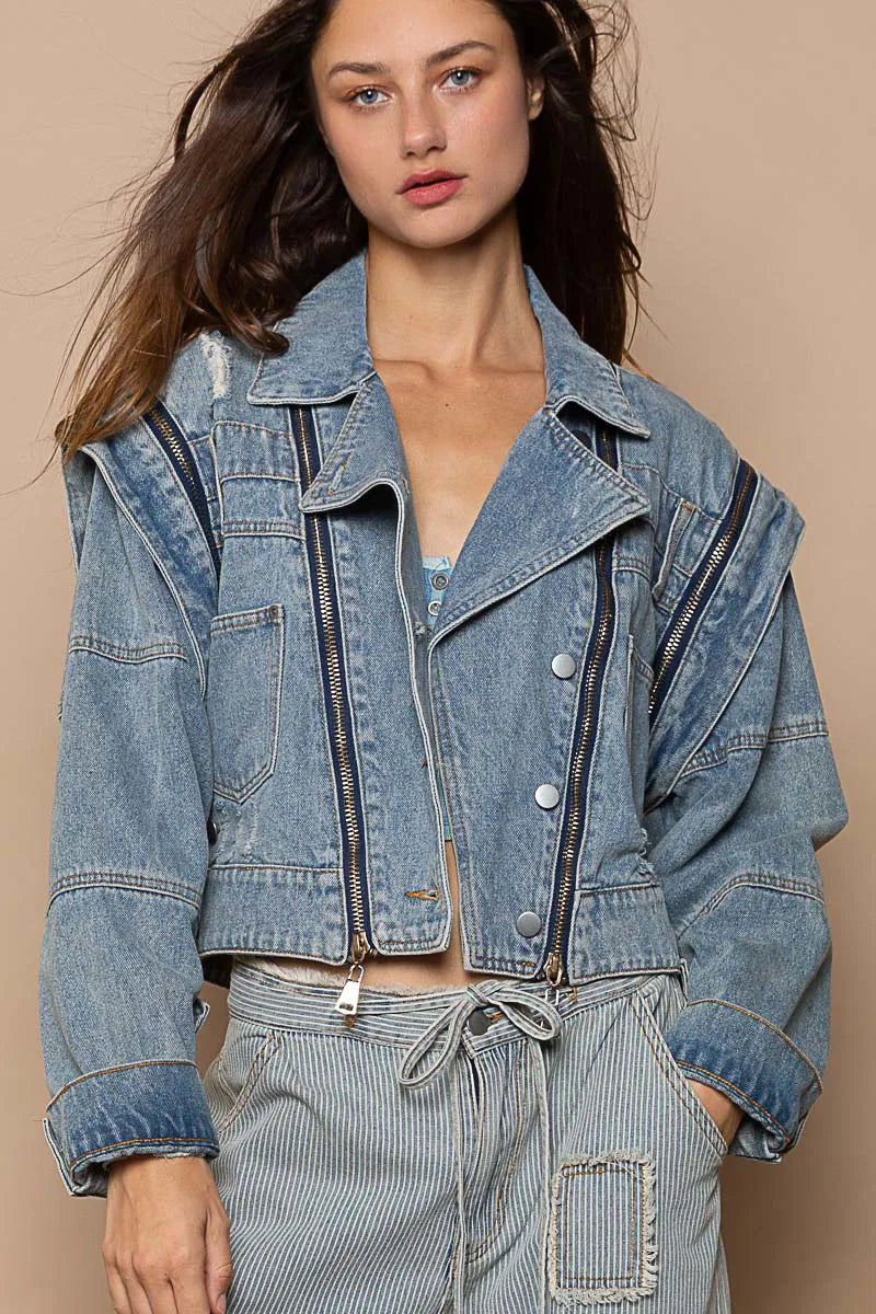 POL Cropped Denim Jacket with Functional Zipper Detail Long Sleeves Dusty Blue d0aee6ea-55d7-4ab1-a23d-b33bb29ac15f-Max-Origin Trendsi