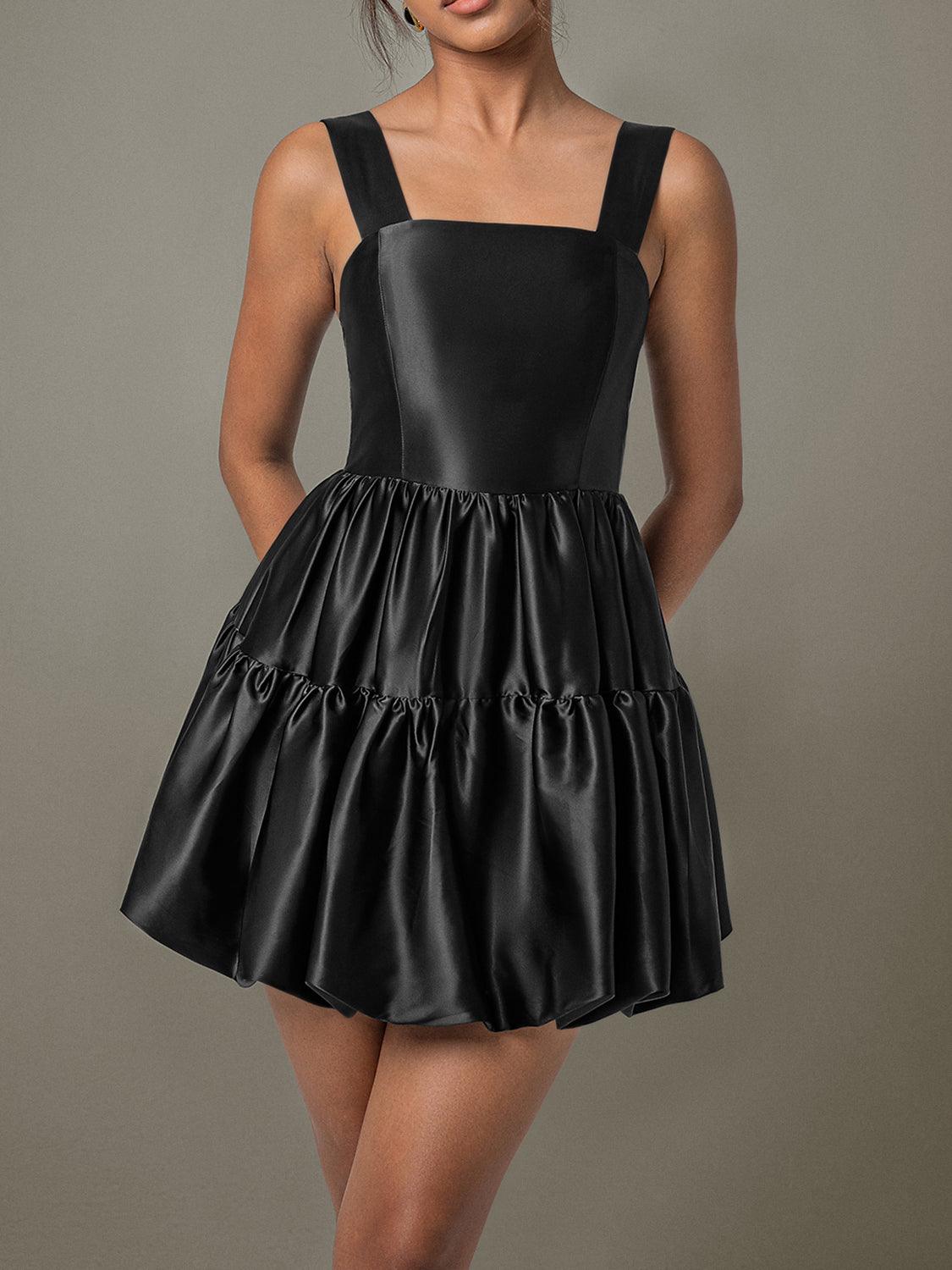 Ruched Black Mini Dress Square Neck Wide Strap Ruffle High Waisted