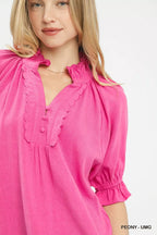 Umgee Linen Blouse Rose Scalloped Ruffle Neck Top Short Puff Sleeves d0c46dad-4d64-4cbf-ba53-2cbb4e7d13f0-Max-Origin Trendsi