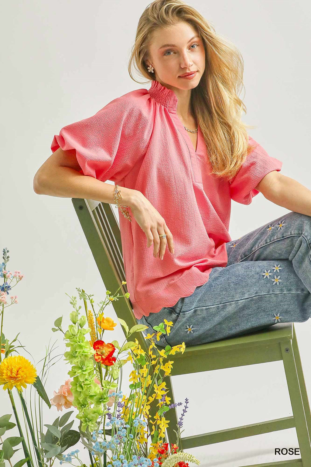 Umgee Scalloped Hem Textured Blouse