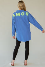 Davi & Dani USA Blue Shirt AMOR Letter Cotton Back Raw Hem Half Button Blue d0d04ad9-b8d9-433f-b796-c9977b362c8c-Max Trendsi