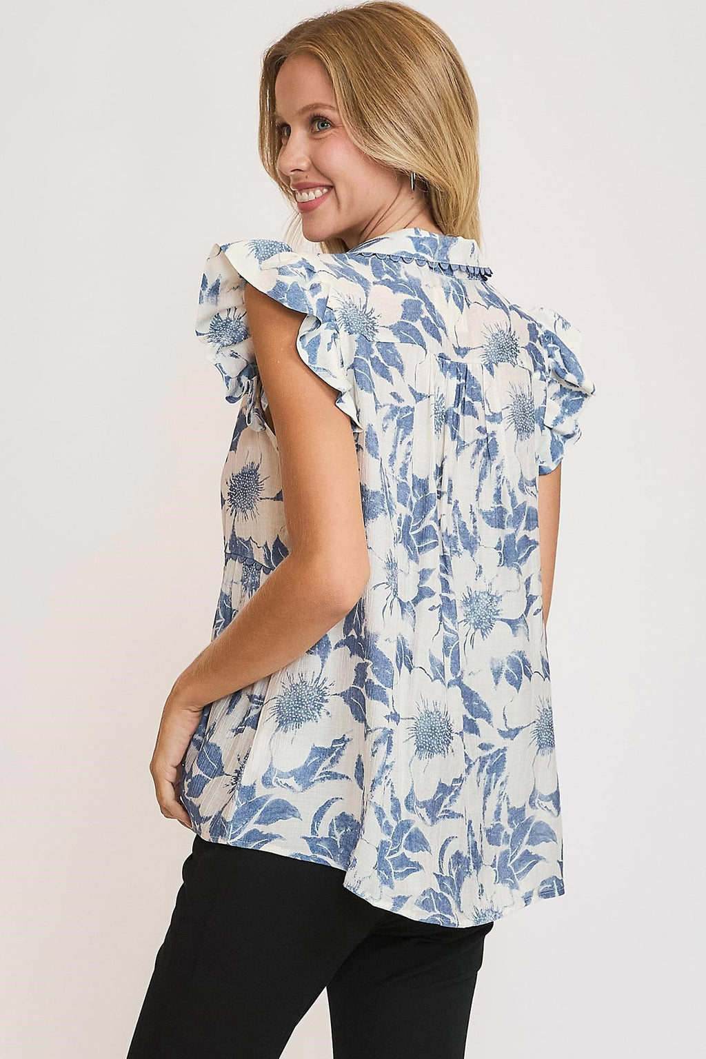 Umgee Babydoll Top Botanical Dusty Blue Floral Print Short Sleeve d0d8cc86-e230-4669-bd21-c2638c04c51e-Max Trendsi