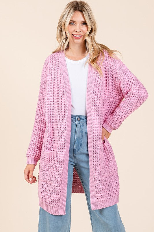 Mittoshop Pink Waffle-Knit Longline Cardigan with Pockets