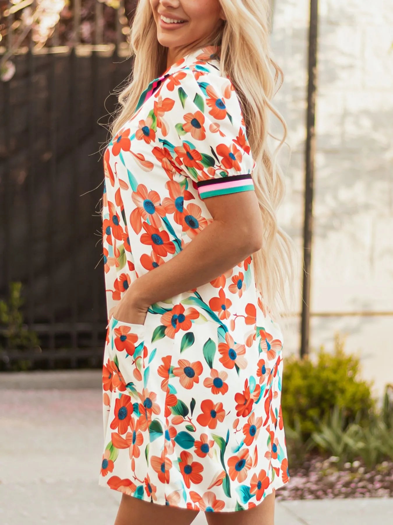 Mini Floral Dress Contrast Trim Split Neck Puff Short Sleeve Tiered d0e0b031-33c3-46d9-91df-a6dfa63add9f-Max-Origin Trendsi