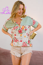 BiBi T-Shirt Floral Button Detail Round Neck Short Sleeve Terry Top d0e78ae8-a729-4444-84cb-314d17a66e77-Max Trendsi