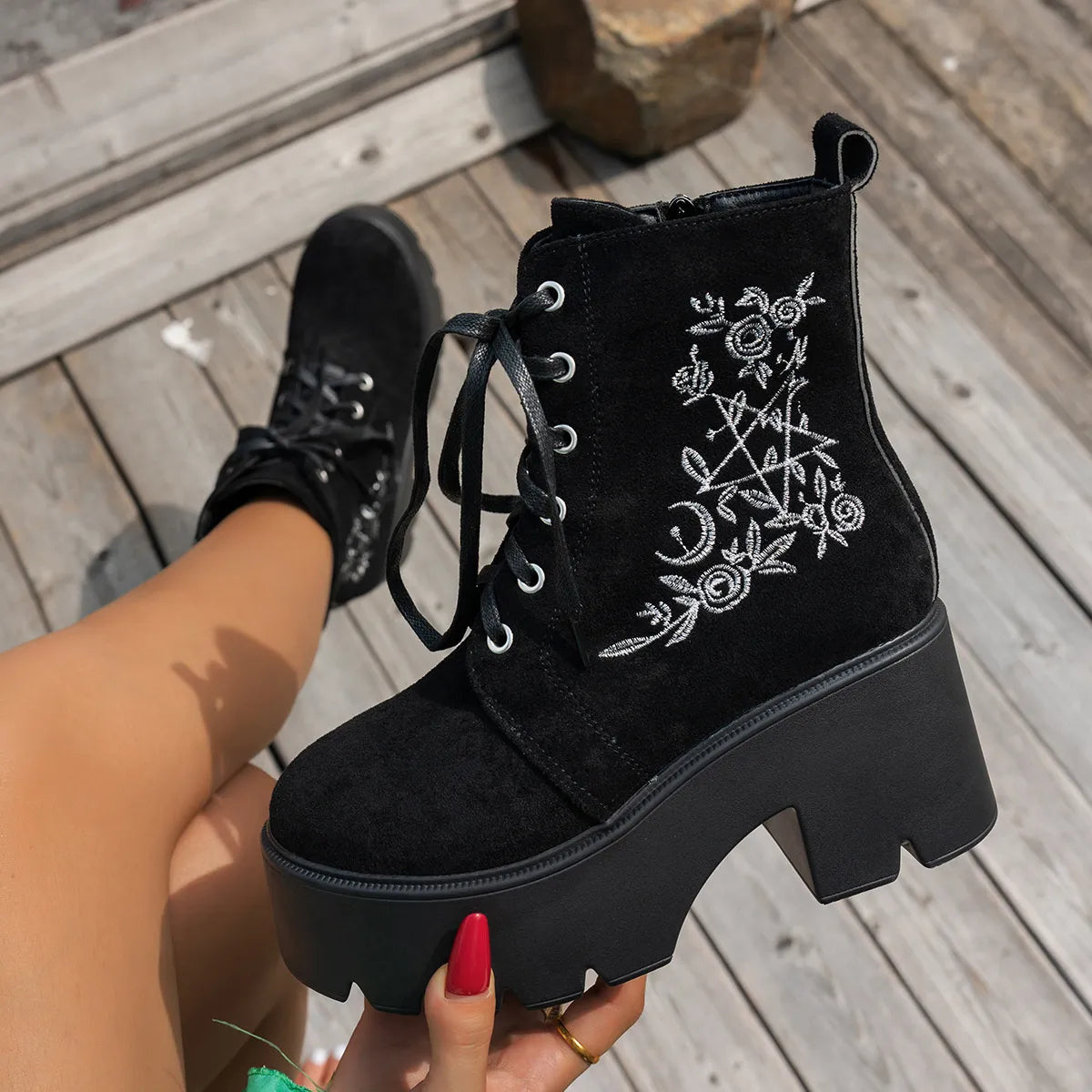 Women's Boots Platform Combat Floral Embroidered Suede Mid Heels Shoes d0ec215c80914cb0978404d1e6a368df-Max-Origin Trendsi